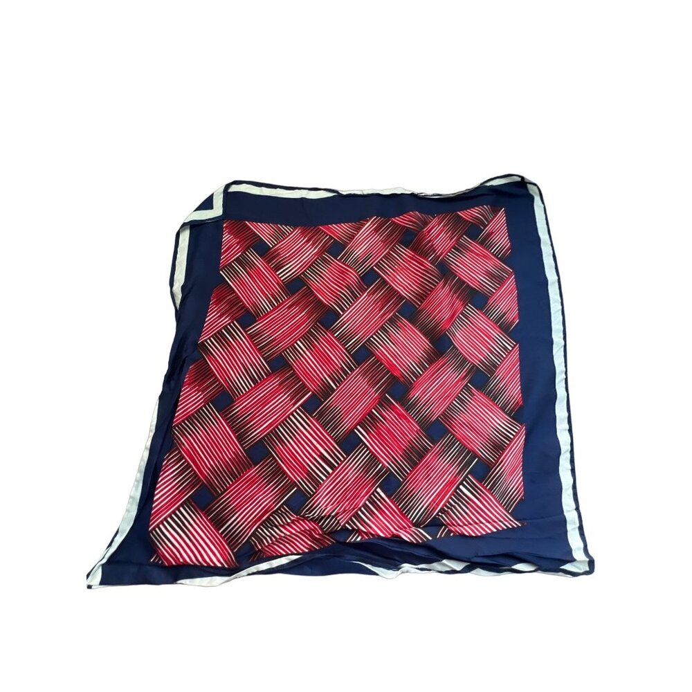Vintage Basket Weave Print Silk Scarf Lightweight Square Neck Wrap Retro Red Nav